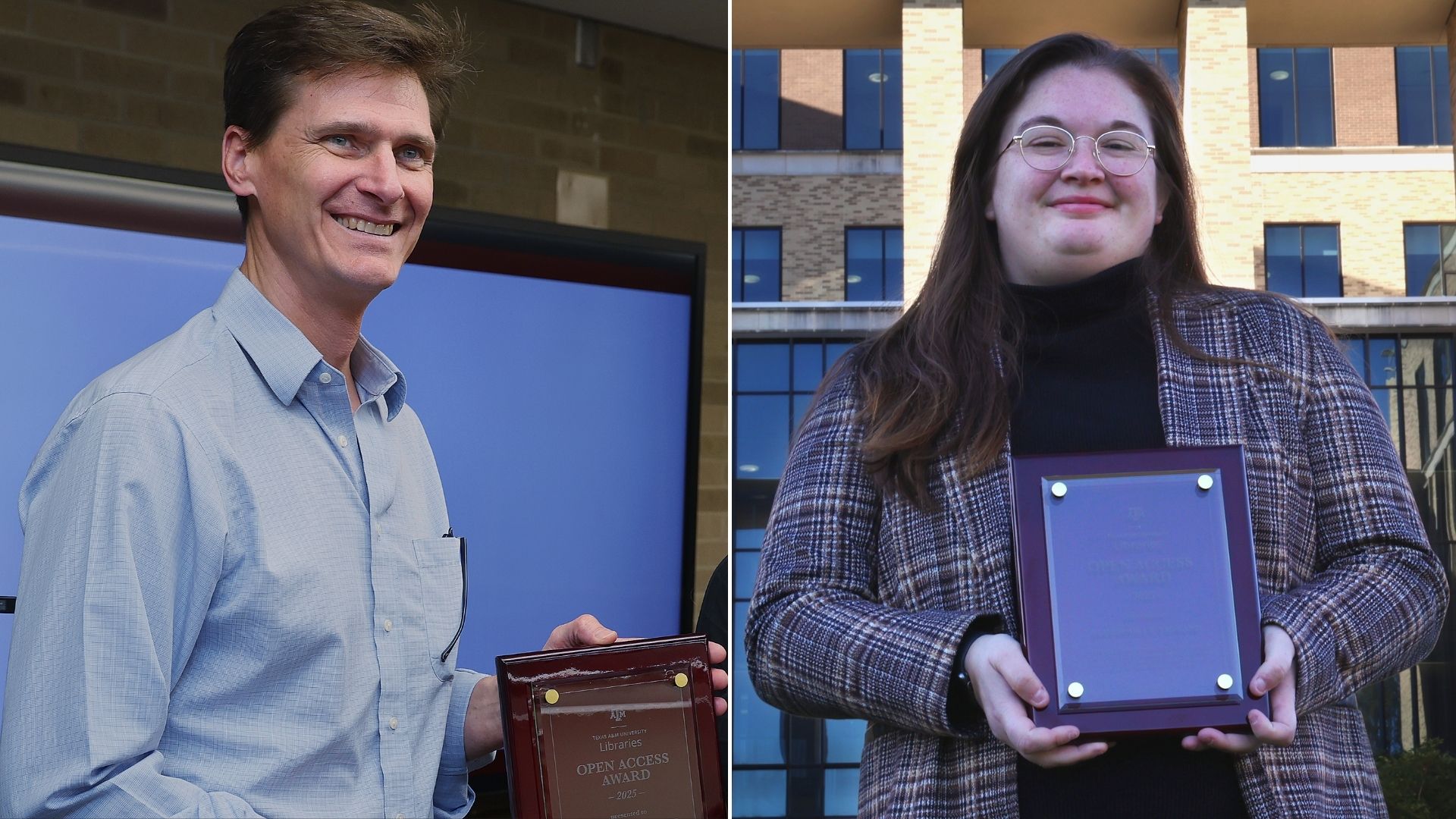 The two award winners holding up the award plaques